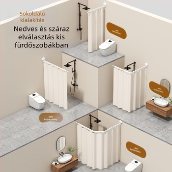 Szívófejes összecsukható zuhanyfüggöny, fúrás nélküli felszerelés, láthatatlan fürdőszobai elválasztó, teleszkópos ruhaszárító, száraz–nedves elkülönítés