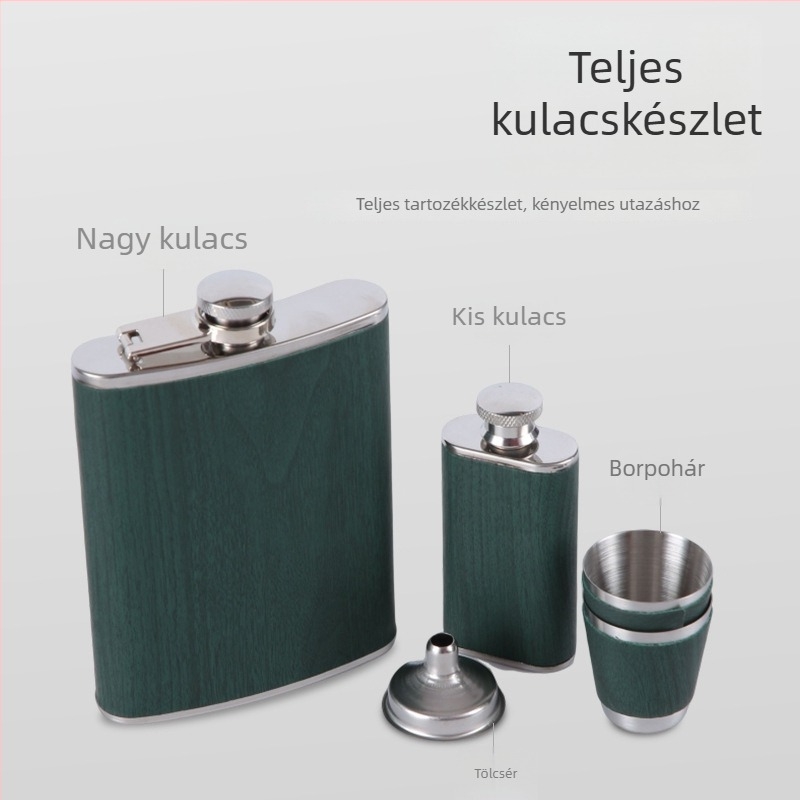 Sötétzöld rozsdamentes acél boros készlet, hordozható kültéri palack, retro orosz stílusú díszdoboz