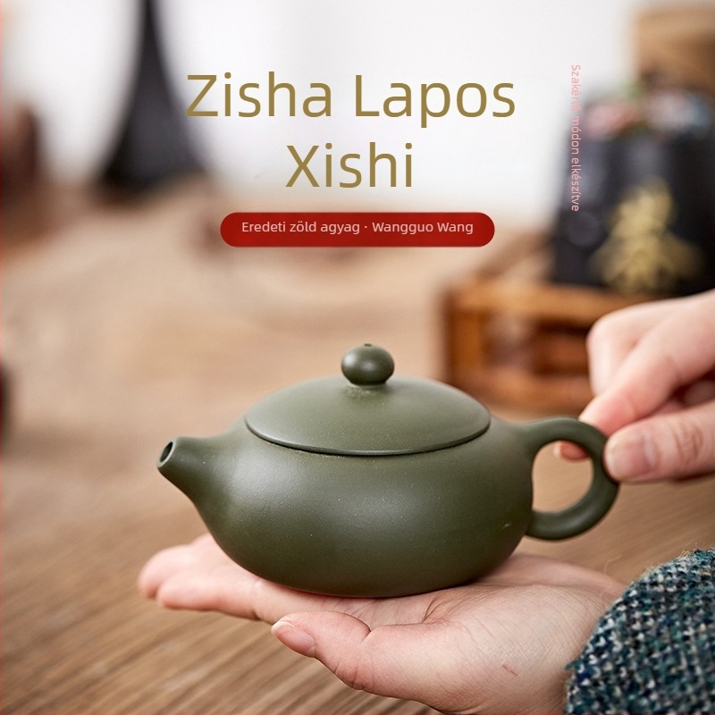 Hiteles Yixing Zisha teáskanna, zöld agyag a Köztársaság korszakából, sík stílus, 180 ml