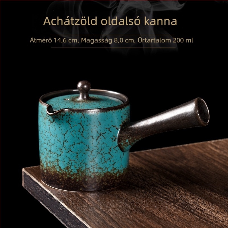 Oldalsó fogantyújú kerámia teáskanna, achátzöld színű, otthoni használatra, retro Gongfu teás készlet