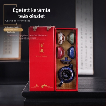 Kerámia teáskészlet kemencés glazúrral, teáskanna és négy csésze, öt elemű csészék, utazó változat Tianmu mázzal