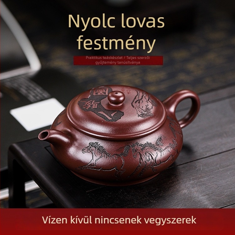 Yixing kézzel készített lila homok teáskanna, teljes tanúsítványokkal; ősi lila agyag; nyolc ló motívum; könnyű patinálás; sima ömlés