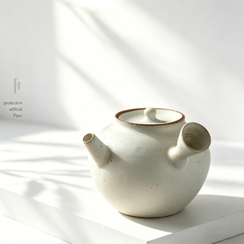Kérámiából készült teáskanna oldalsó fogantyúval, hagyományos forma, fehér porcelán, púder glazúrral, japán stílus, egyszerű és szerény.