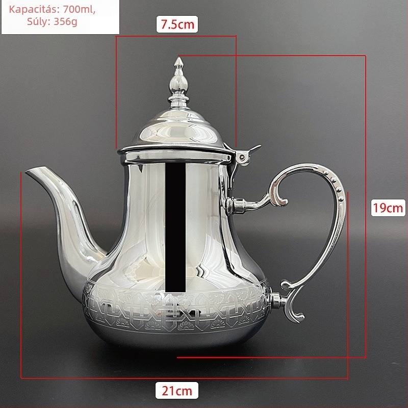 Rozsdamentes acél teáskanna gravírozott virágmotívummal, arab stílusú dizájn, 700 ml, gáztűzhelyhez és indukciós főzőlaphoz