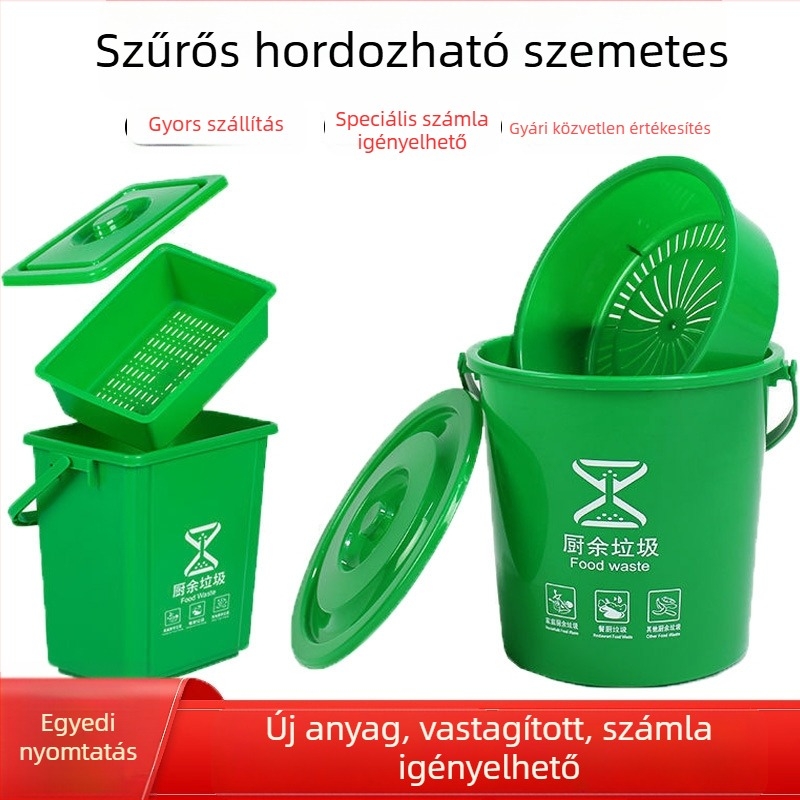 Fedéllel és szűrővel ellátott négyzet alakú 10 literes szemetes, háztartási konyhai száraz–nedves hulladék szétválasztásához; tartalmaz egy 20 literes kör alakú tartályt teához és vízhez.