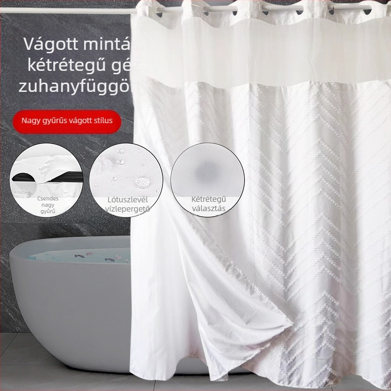 Kétrétegű géz zuhanyfüggöny nagy gyűrűkkel, vízálló egyszínű fürdőszobai válaszfüggöny, levehető