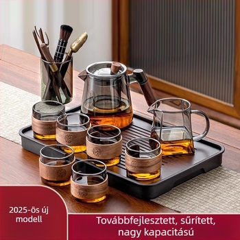 Üveg teáskészlet teáskannával és tálcával, modern minimalist stílusban, 6 személyes otthonra vagy irodába