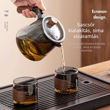 Üveg teáskészlet teáskannával és tálcával, modern minimalist stílusban, 6 személyes otthonra vagy irodába