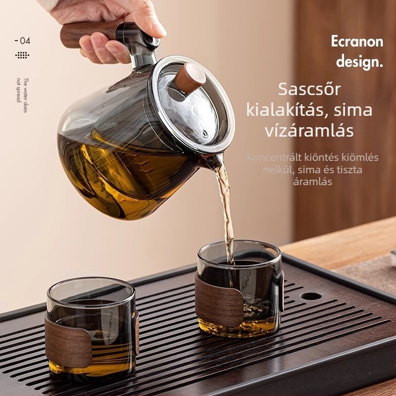 Üveg teáskészlet teáskannával és tálcával, modern minimalist stílusban, 6 személyes otthonra vagy irodába