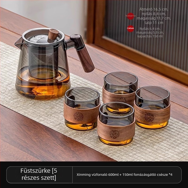 Üveg teáskészlet teáskannával és tálcával, modern minimalist stílusban, 6 személyes otthonra vagy irodába