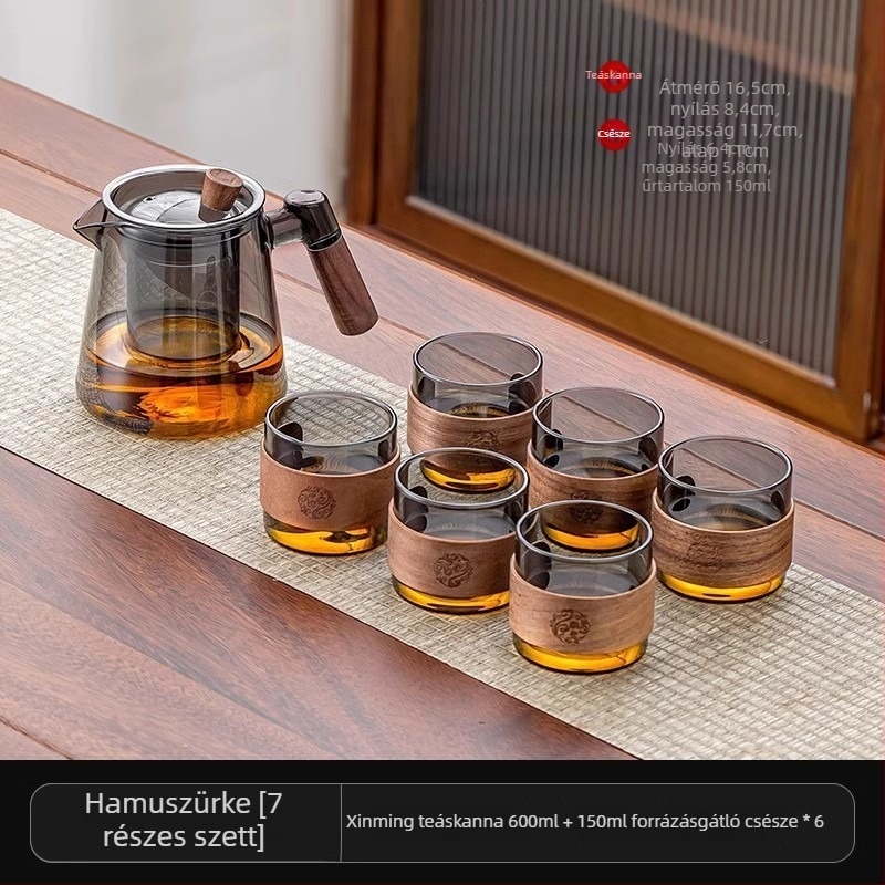 Üveg teáskészlet teáskannával és tálcával, modern minimalist stílusban, 6 személyes otthonra vagy irodába