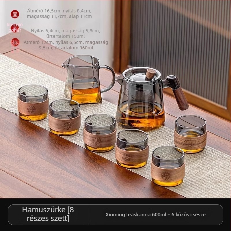 Üveg teáskészlet teáskannával és tálcával, modern minimalist stílusban, 6 személyes otthonra vagy irodába