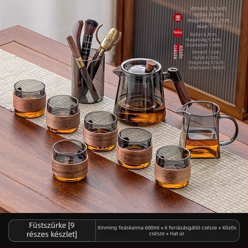 Üveg teáskészlet teáskannával és tálcával, modern minimalist stílusban, 6 személyes otthonra vagy irodába