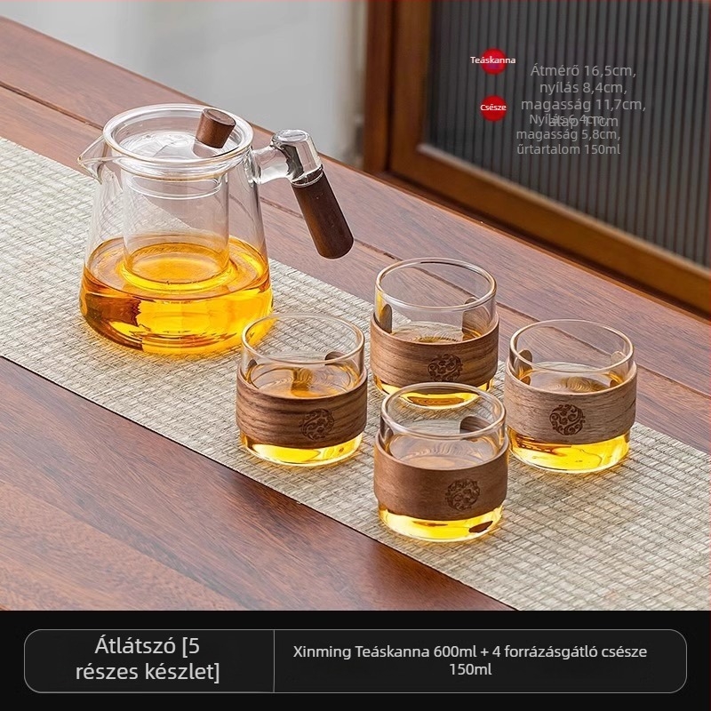 Üveg teáskészlet teáskannával és tálcával, modern minimalist stílusban, 6 személyes otthonra vagy irodába