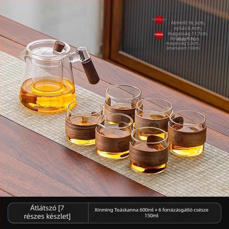 Üveg teáskészlet teáskannával és tálcával, modern minimalist stílusban, 6 személyes otthonra vagy irodába