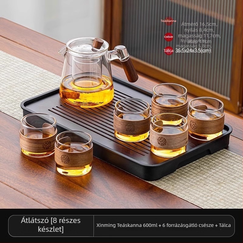 Üveg teáskészlet teáskannával és tálcával, modern minimalist stílusban, 6 személyes otthonra vagy irodába