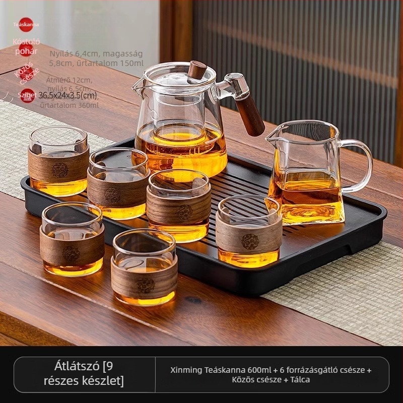 Üveg teáskészlet teáskannával és tálcával, modern minimalist stílusban, 6 személyes otthonra vagy irodába