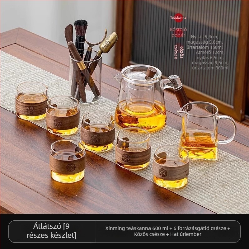 Üveg teáskészlet teáskannával és tálcával, modern minimalist stílusban, 6 személyes otthonra vagy irodába