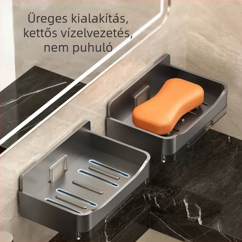 Fali fürdőszobai szappantartó lefolyóval, amely megakadályozza a víz felgyülemlését