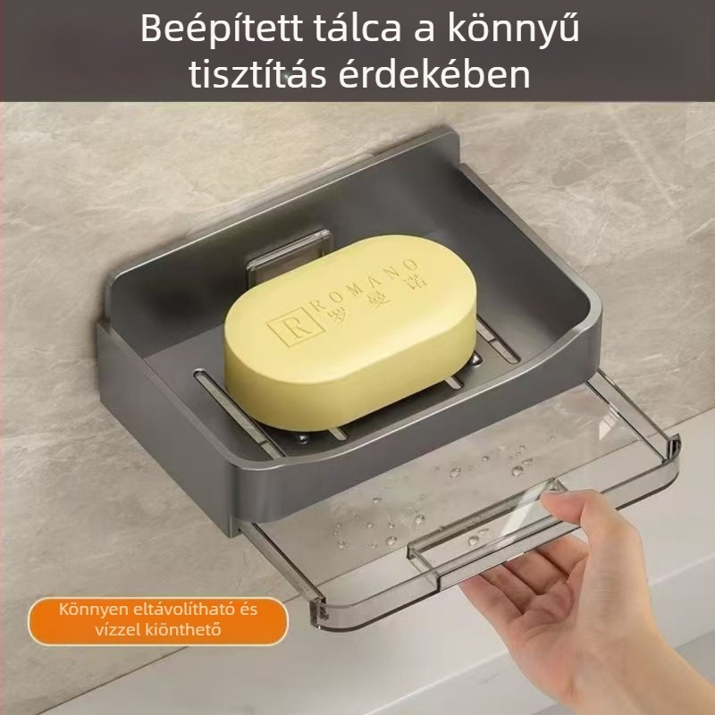 Fali fürdőszobai szappantartó lefolyóval, amely megakadályozza a víz felgyülemlését