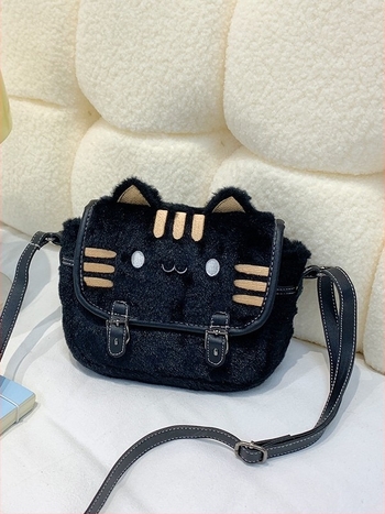 Macskás plüss női táska — mini négyzetes crossbody táska velúr anyagból, édes, friss stílus