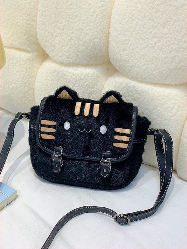 Macskás plüss női táska — mini négyzetes crossbody táska velúr anyagból, édes, friss stílus