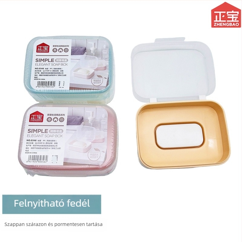 Műanyag szappantartó felnyitható fedéllel és lefolyó nyílással, háztartási használatra, méretek 13×5.3×9.5 cm