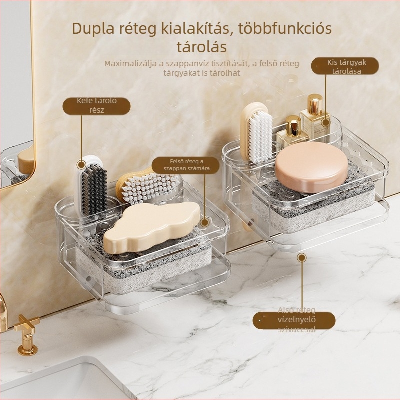 Fali szappanbox fúrás nélküli szereléssel, lefolyóval, fürdőszobai luxus kettős szintű tároló