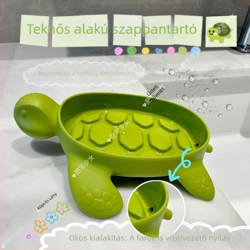 Zöld teknősbéka szappantartó, rajzfilmszerű dizájnnal és tárolópolccal