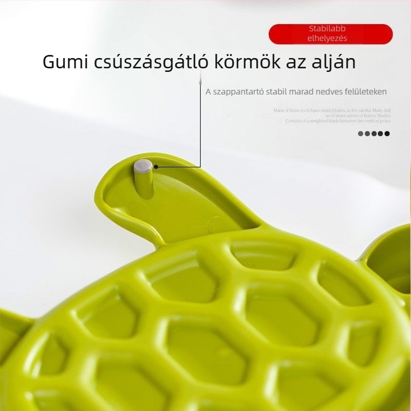 Zöld teknősbéka szappantartó, rajzfilmszerű dizájnnal és tárolópolccal