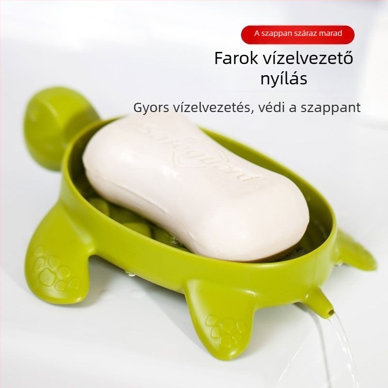 Zöld teknősbéka szappantartó, rajzfilmszerű dizájnnal és tárolópolccal
