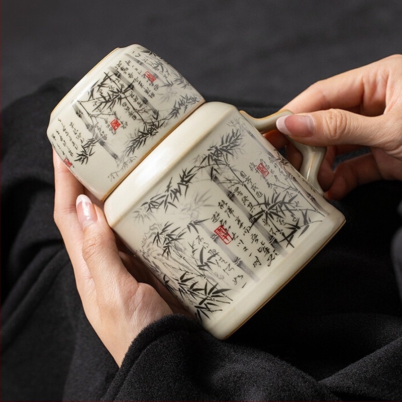 Ru kiln Celadon teáskanna bambusz motívummal, utazáshoz hordozható, nagy kapacitású kerámia