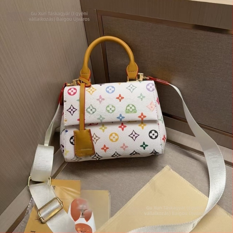 Női Boston párnás táska háromszínű fehér dizájnnal, vállon átívelő crossbody, PU anyag, közepes méret, retro nyomtatás, őszi 2025.