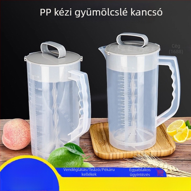Kézi gyümölcslé kancsó műanyag spirál keverővel, gyümölcsléprés, hideg víz kancsó, citromszeletes kancsó, tej-tea eszköz mérő skálával