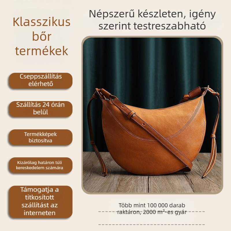 Növényi cserzett marhabőr női válltáska, modell 2025, valódi bőr, crossbody, minimalist dizájn, félhold alakú, dumpling-stílus