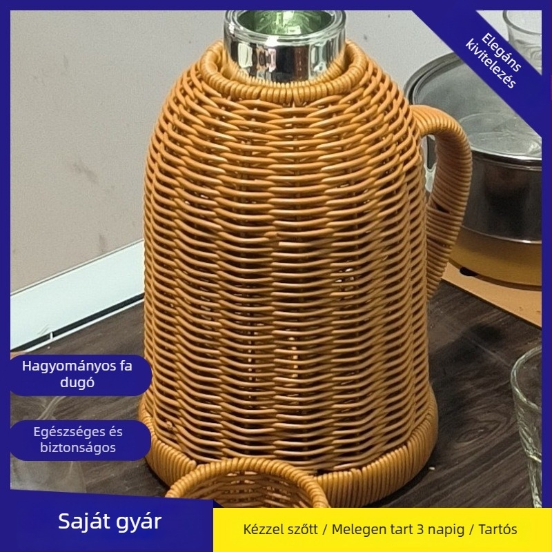 Kézzel készített termosz üveg belsővel, rattan borítással, otthonra és kollégiumba, 12–24 órás hőszigetelés