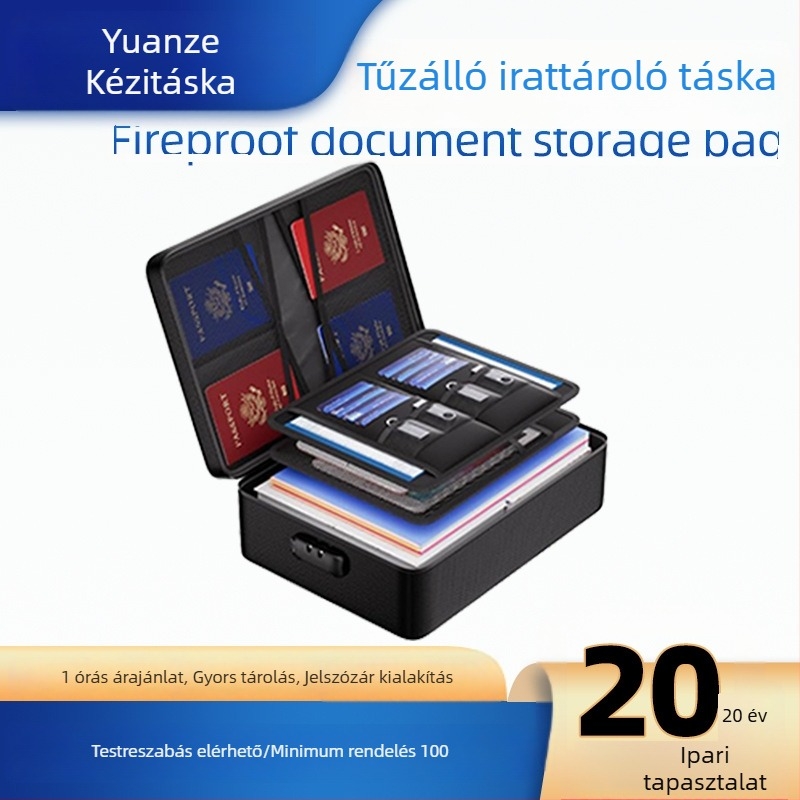Tűzálló és vízálló utazási iratok tároló táska, nagy kapacitású, elválasztott rekeszekkel, fekete