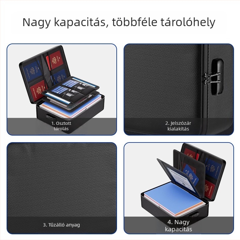 Tűzálló és vízálló utazási iratok tároló táska, nagy kapacitású, elválasztott rekeszekkel, fekete