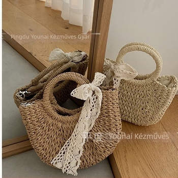 Koreai stílusú kézzel szőtt szalma táska csipke masnival, crossbody, nyárra és strandra