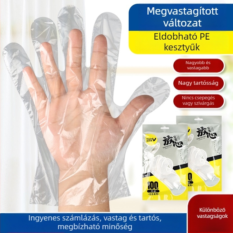 Egyszer használatos kesztyűk éttermi és otthoni használatra, vastagabb PE fólia, tartós átlátszó kesztyűk, nagy méret, élelmiszer-kezeléshez