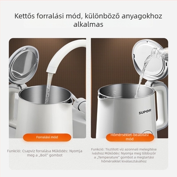 Supor 1,5 literes elektromos teáskanna oldalsó hőmérséklet-kijelzővel, érintéses vezérléssel, 5 fokozatú hőmérséklet-szabályozással, 304-es rozsdamentes acél
