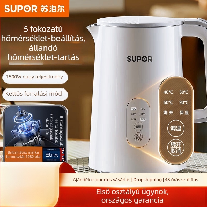 Supor 1,5 literes elektromos teáskanna oldalsó hőmérséklet-kijelzővel, érintéses vezérléssel, 5 fokozatú hőmérséklet-szabályozással, 304-es rozsdamentes acél