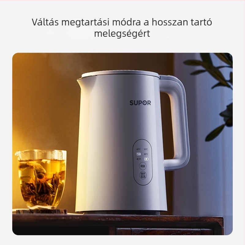 Supor 1,5 literes elektromos teáskanna oldalsó hőmérséklet-kijelzővel, érintéses vezérléssel, 5 fokozatú hőmérséklet-szabályozással, 304-es rozsdamentes acél