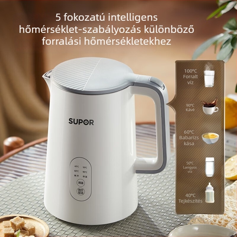 Supor 1,5 literes elektromos teáskanna oldalsó hőmérséklet-kijelzővel, érintéses vezérléssel, 5 fokozatú hőmérséklet-szabályozással, 304-es rozsdamentes acél