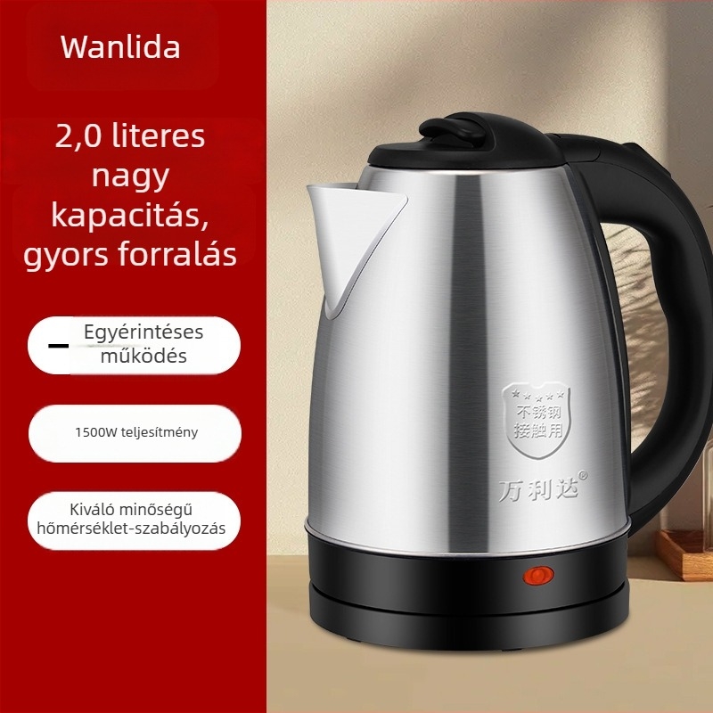 Wanlida elektromos vízforraló, 2 L, rozsdamentes acél, automatikus kikapcsolás, 1500 W, gyors felfűtés