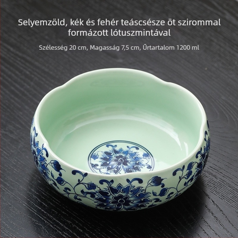 Nagy méretű fehér porcelán teáskészlet otthoni használatra, tartalmaz teáscsészéket, teás tálakat, víztálat, ecsetmosót, teás eszközöket és teás tálcát
