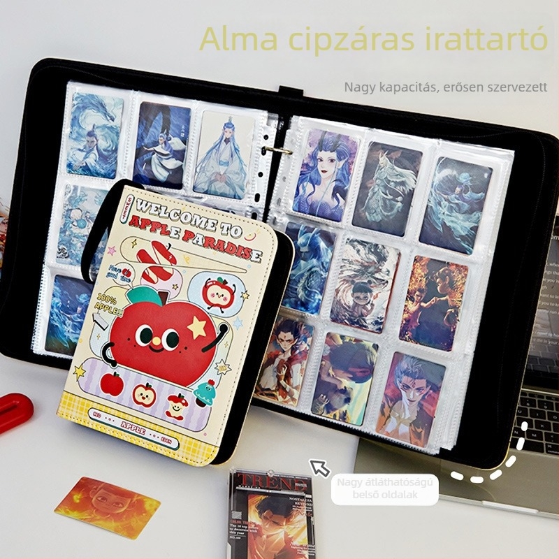 Apple Paradise bőr kártyalbum négy rekeszes elrendezéssel, cipzárral, A5-ös méret, nagy kapacitás