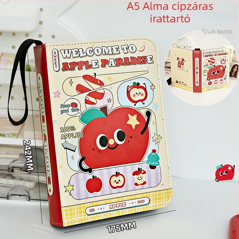 Apple Paradise bőr kártyalbum négy rekeszes elrendezéssel, cipzárral, A5-ös méret, nagy kapacitás