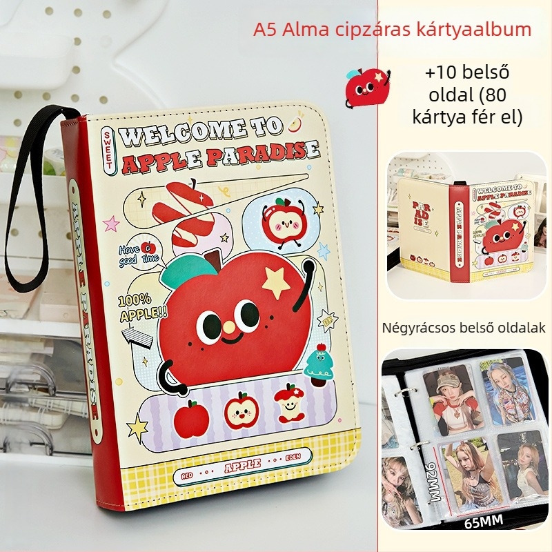 Apple Paradise bőr kártyalbum négy rekeszes elrendezéssel, cipzárral, A5-ös méret, nagy kapacitás