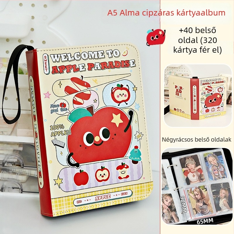 Apple Paradise bőr kártyalbum négy rekeszes elrendezéssel, cipzárral, A5-ös méret, nagy kapacitás